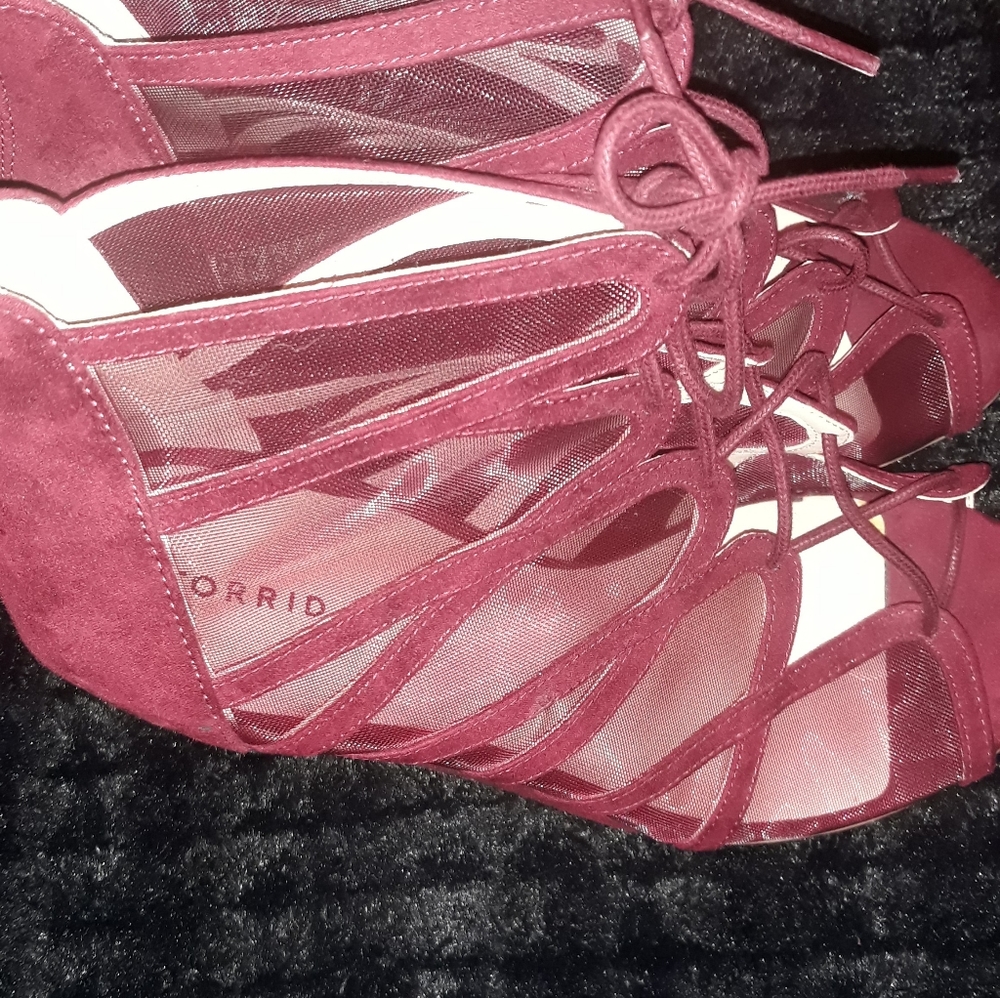 Torrid Burgundy Red Mesh and Tie Wedge Sandals